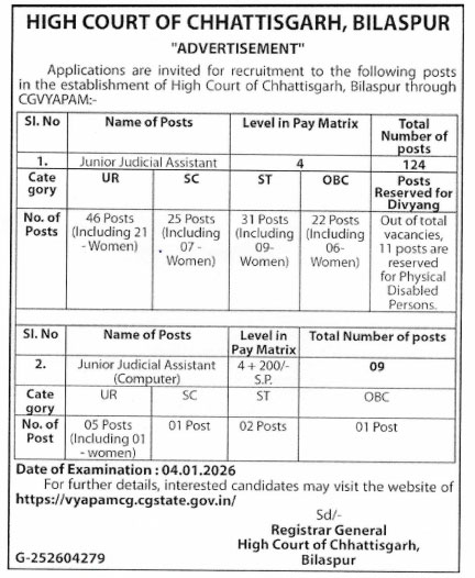 CG High Court Juniar Assistant Recruitment 2025