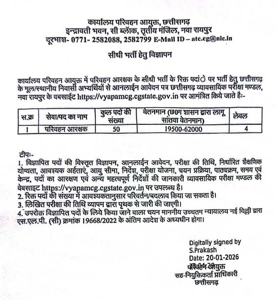 Chhattisgarh Parivahan Vibhag Constable Recruitment 2026