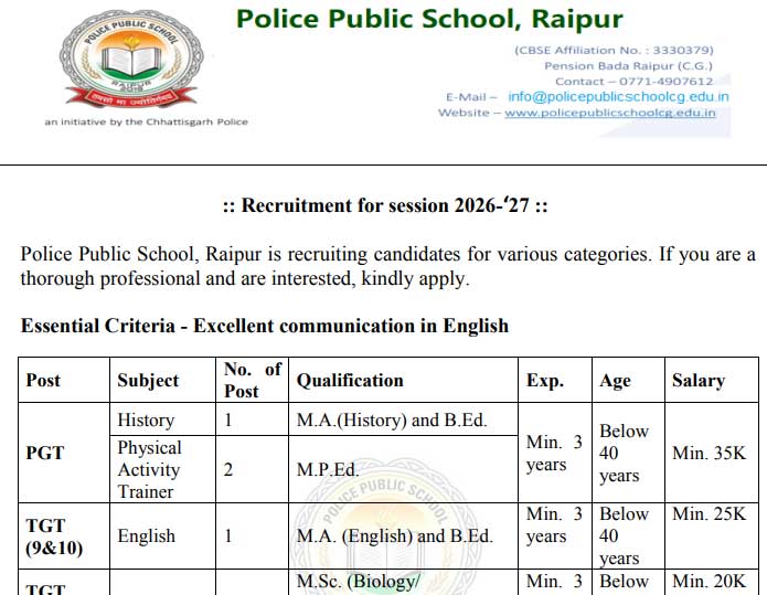 Cg Police Public School Teacher Recruitment 2026