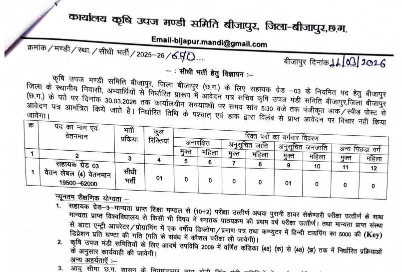 Krishi Upaj Mandi Samiti Bijapur Assistant Grade Recruitment 2026