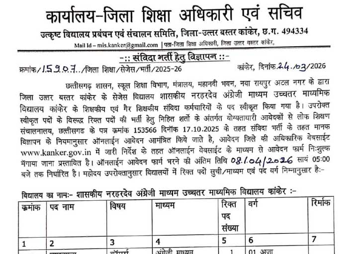 DEO Kanker Teacher Recruitment 2026