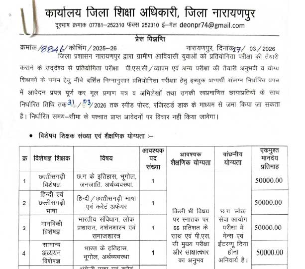 DEO Narayanpur Teacher Recruitment 2026
