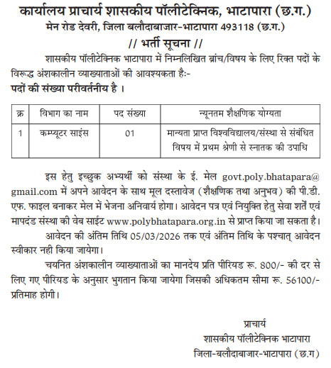 Polytechnic College Bhathapara Faculty Recruitment 2026